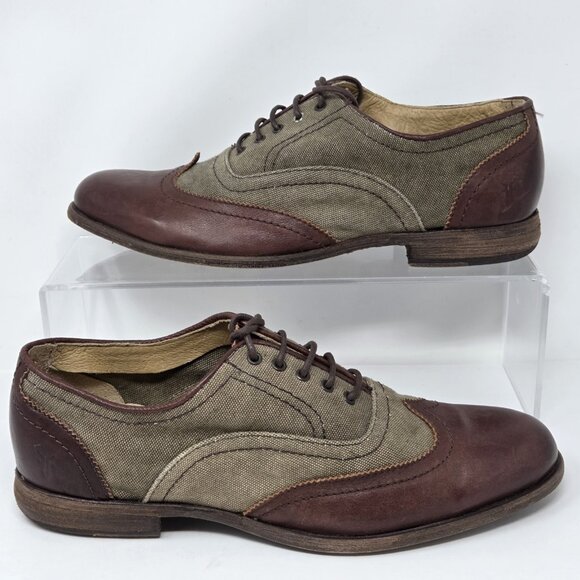 FRYE HARVEY Mens Sz 9.5 WINGTIP BROWN LEATHER  CANVAS  OXFORD SHOES Derby 84471 - Picture 1 of 11